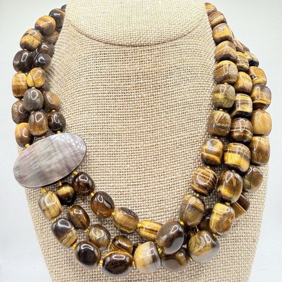 Jewelry - Tiger's Eye Triple Strand Knotted Beaded Choker Necklace & Magnetic MOP Clasp